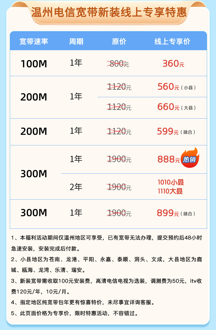温州电信宽带套餐资费价格表-2023电信宽带安装办理流程 温州电信宽带套餐资费价格表-2023电信宽带安装办理流程